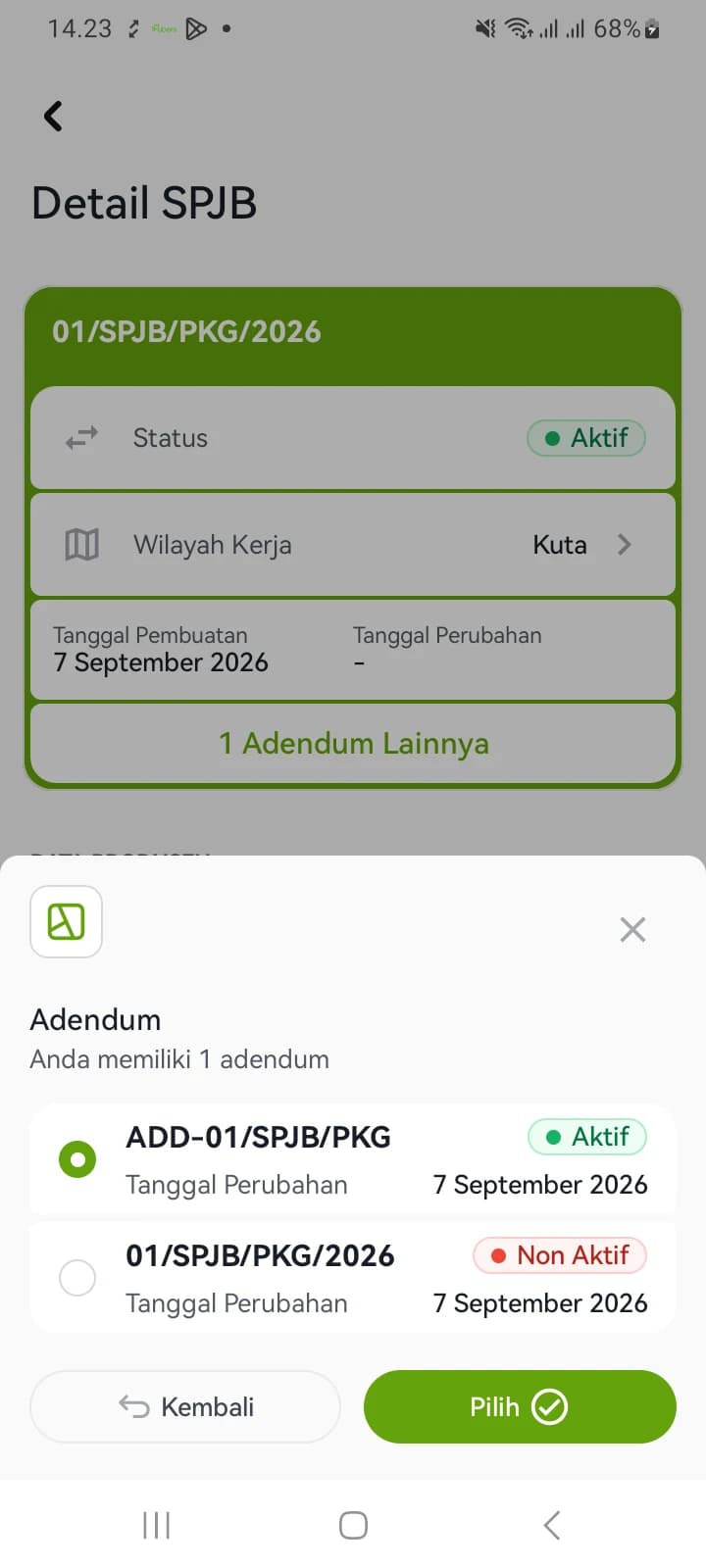 Panel Adendum menampilkan adendum berstatus Aktif dan SPJB versi sebelumnya berstatus Non Aktif
