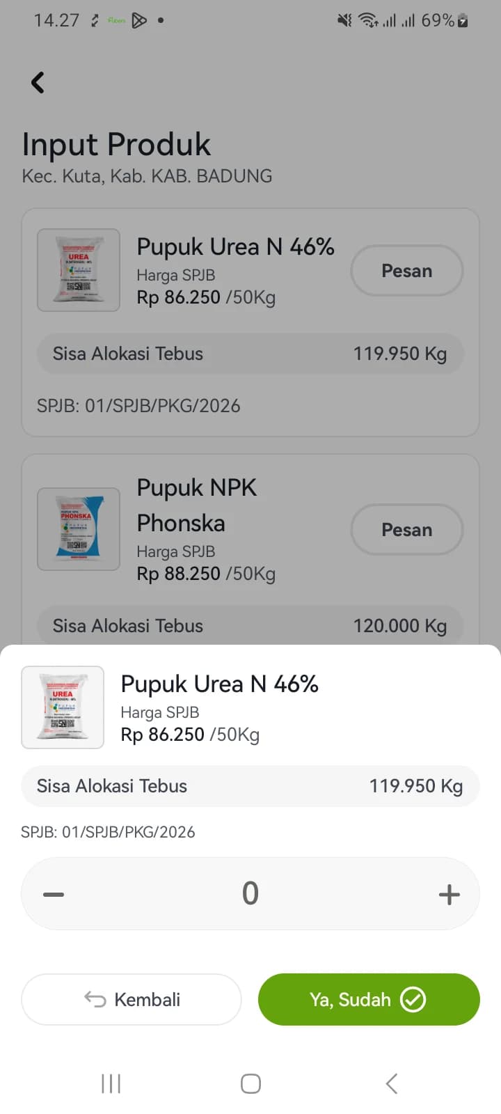 Panel pengaturan jumlah pesanan dengan tombol tambah dan kurang