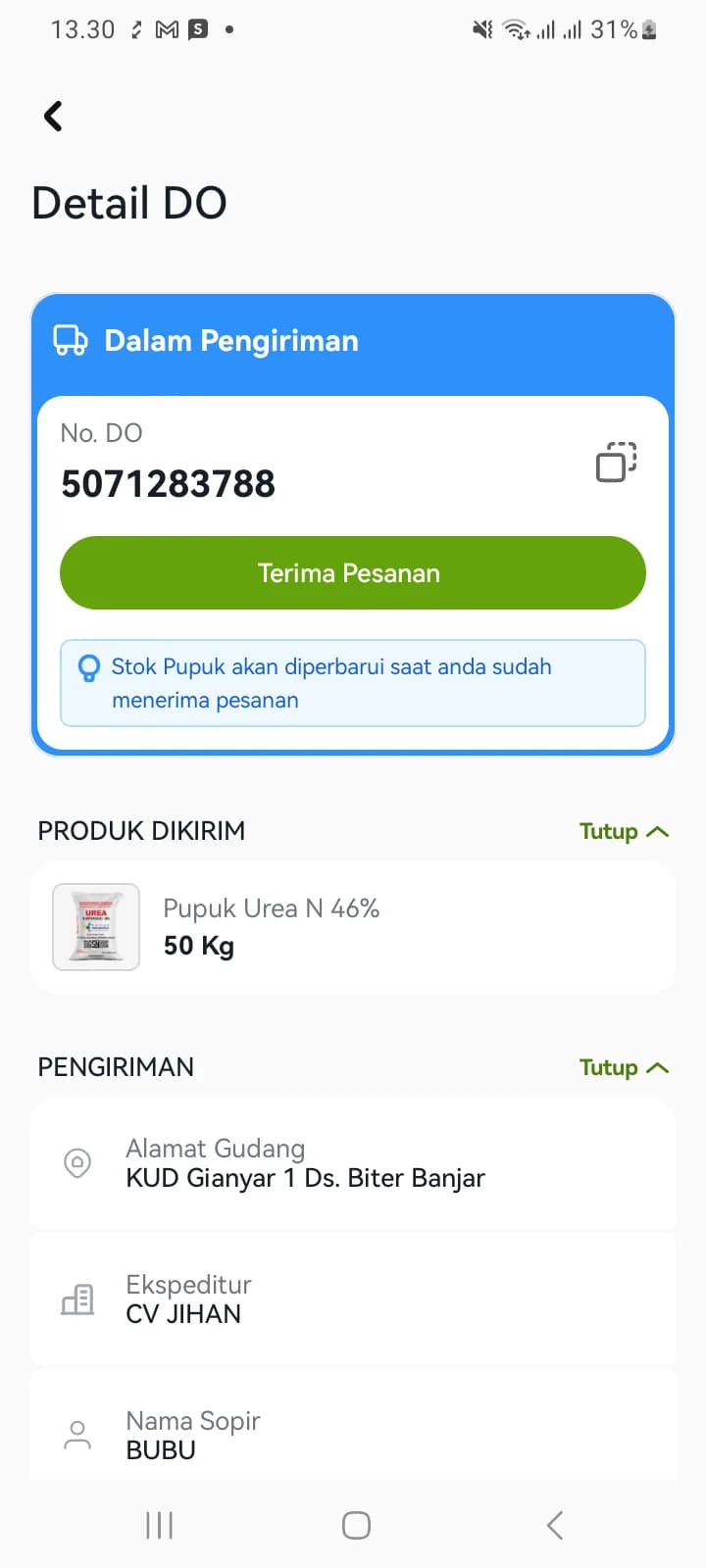 Halaman Detail DO berstatus Dalam Pengiriman dengan nomor DO, tombol Terima Pesanan, dan produk yang dikirim