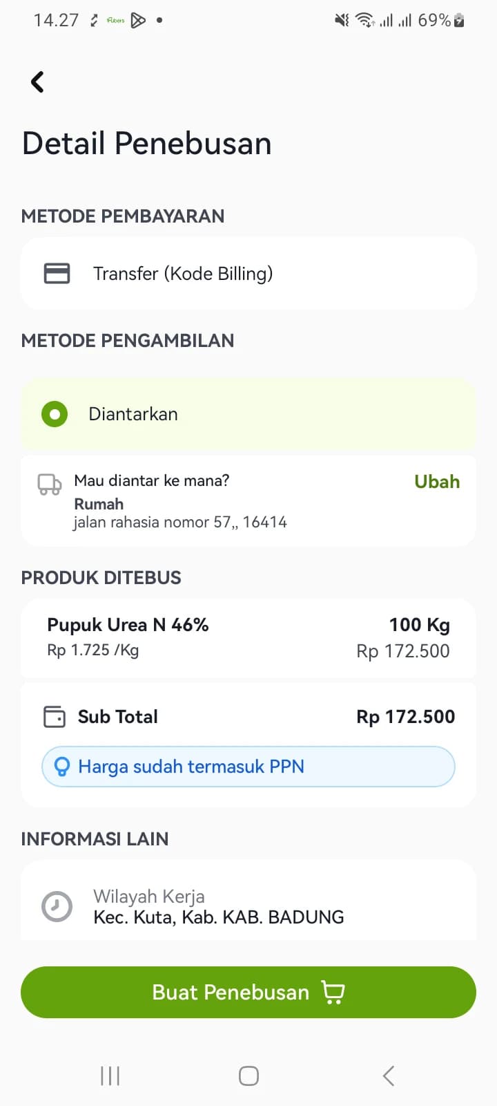 Layar Detail Penebusan berisi metode pembayaran, metode pengambilan, produk ditebus, dan subtotal