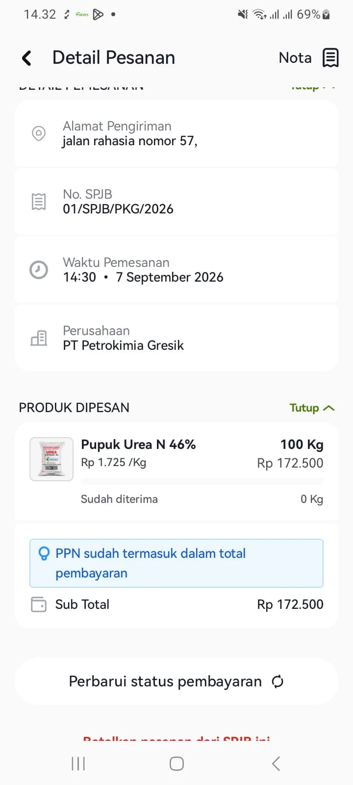 Bagian bawah Detail Pesanan dengan tombol Perbarui status pembayaran dan tautan merah Batalkan pesanan dari SPJB ini