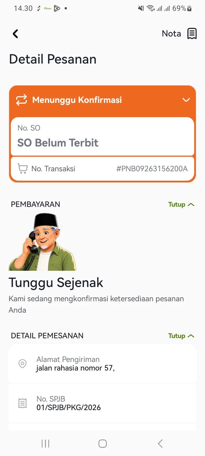 Detail Pesanan menampilkan status Menunggu Konfirmasi, No. SO belum terbit, dan No. Transaksi
