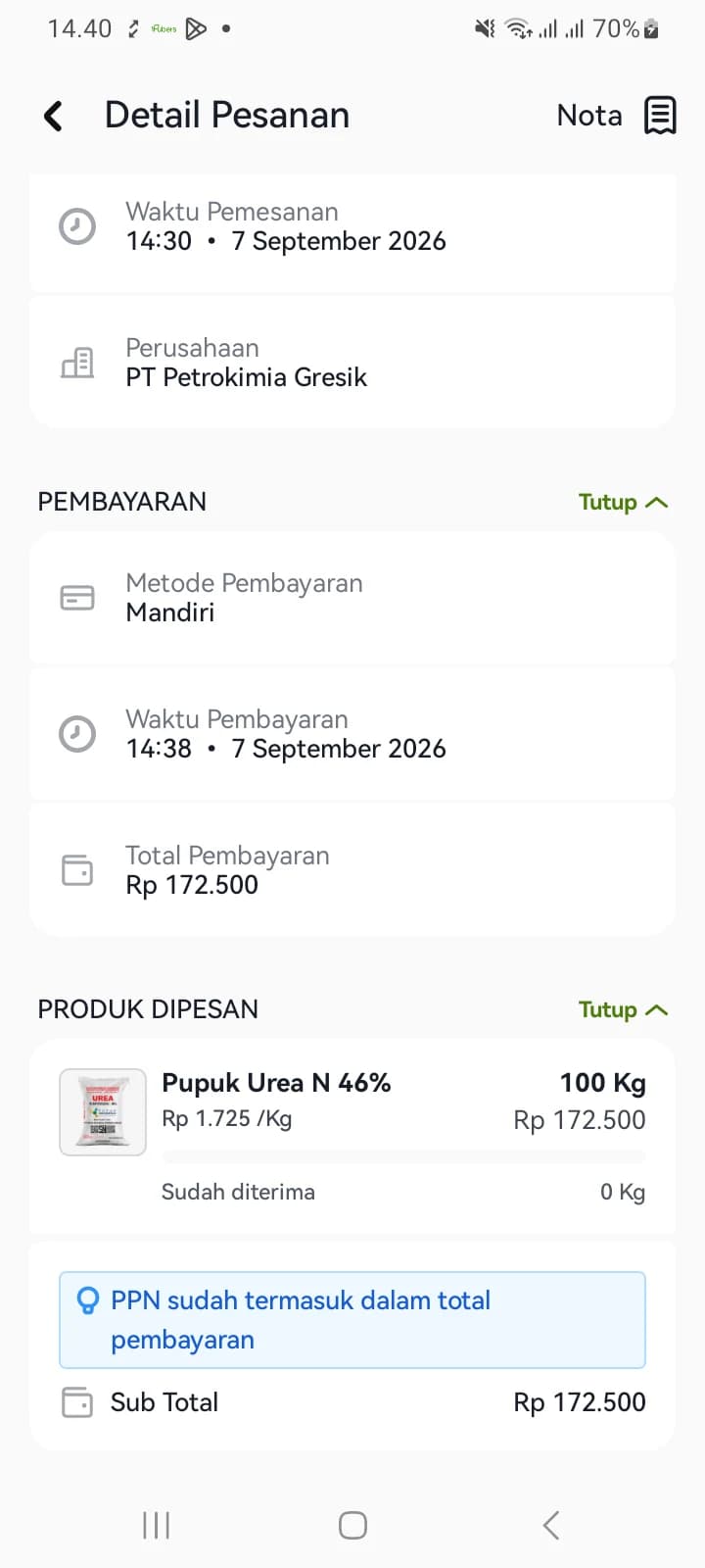 Bagian pembayaran pada pesanan berstatus Diproses berisi metode dan waktu pembayaran, tanpa tautan pembatalan