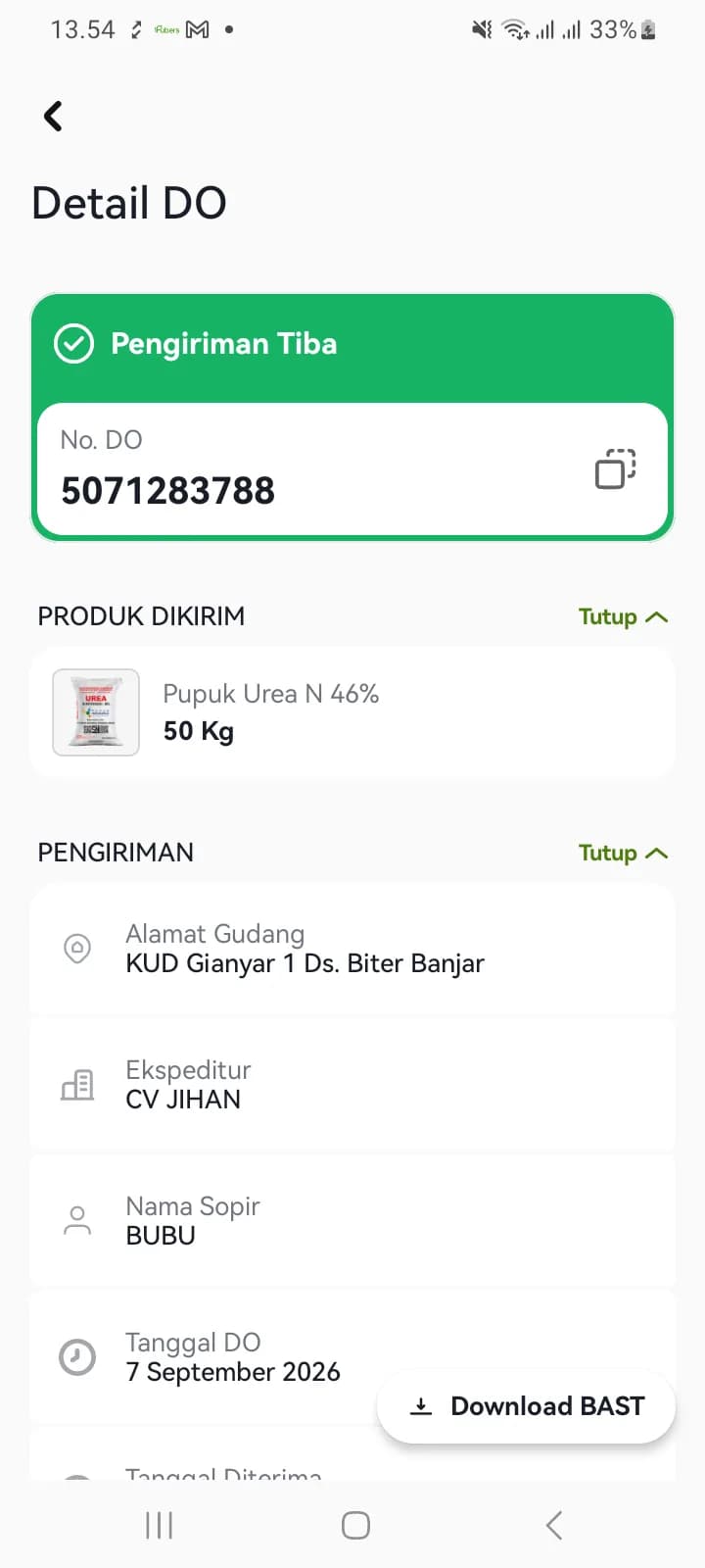Detail DO berstatus Pengiriman Tiba dengan tombol Download BAST dan tanpa tombol Terima Pesanan