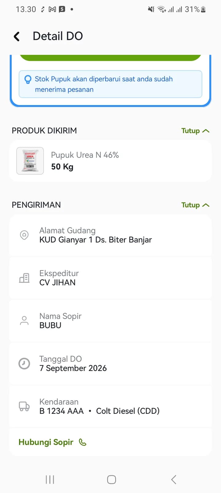 Bagian PENGIRIMAN pada Detail DO berisi alamat gudang, ekspeditur, nama sopir, tanggal DO, kendaraan, dan tautan Hubungi Sopir
