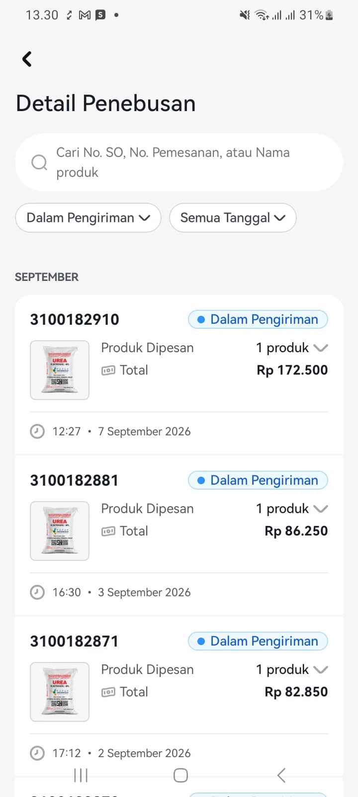 Riwayat Pemesanan Pupuk tersaring status Dalam Pengiriman berisi tiga pesanan