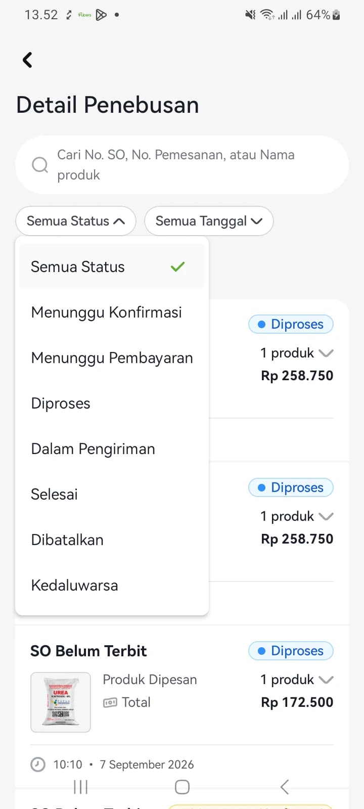 Penyaring status pesanan dengan tujuh pilihan status