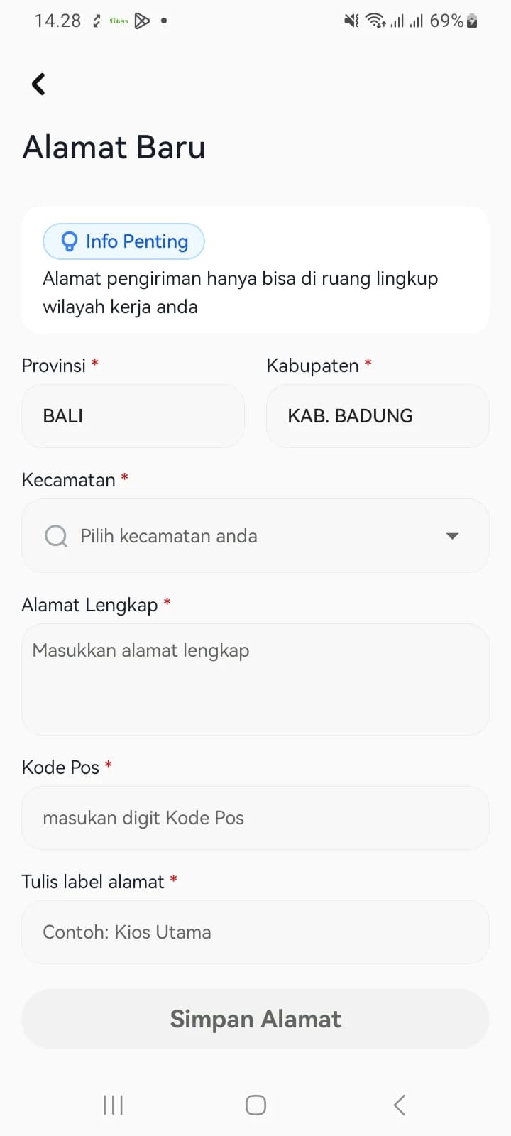 Formulir Alamat Baru dengan kolom provinsi, kabupaten, kecamatan, alamat lengkap, kode pos, dan label alamat