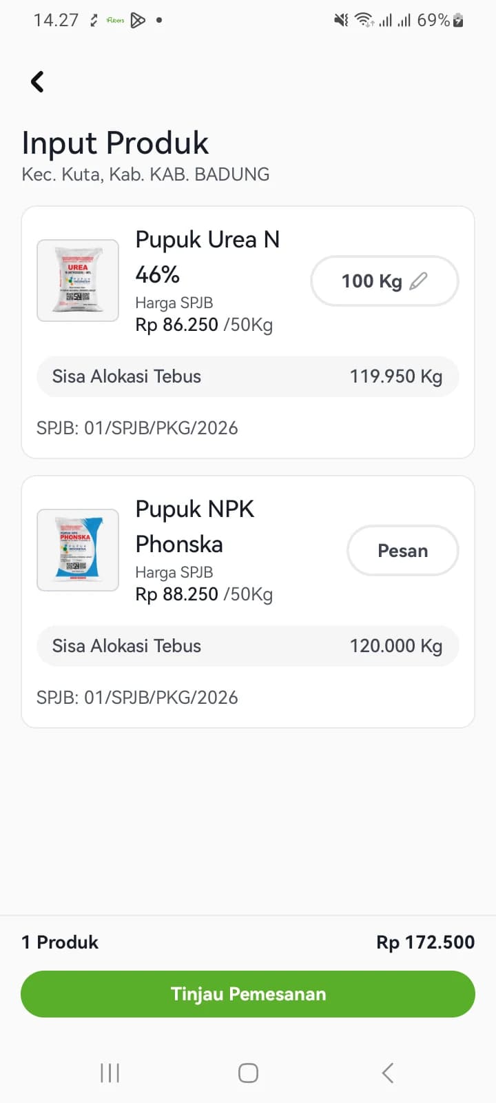 Layar Input Produk setelah jumlah terisi, dengan ringkasan satu produk dan totalnya