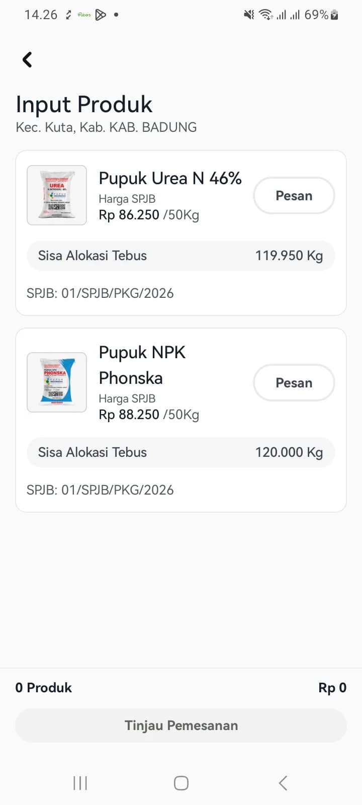 Layar Input Produk berisi kartu produk dengan harga SPJB dan sisa alokasi tebus