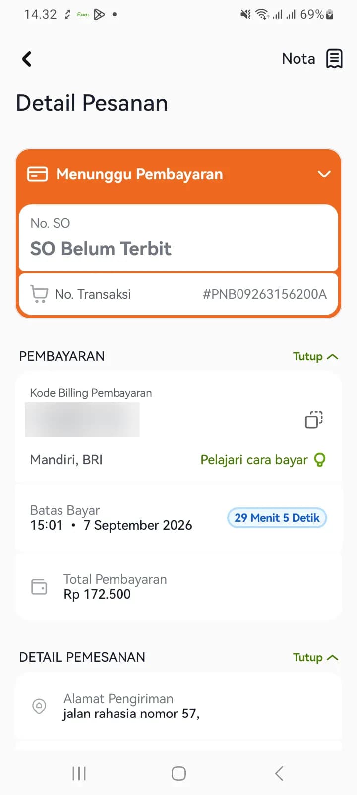 Detail Pesanan berstatus Menunggu Pembayaran dengan kode billing, tombol salin, daftar bank, batas bayar, dan total pembayaran