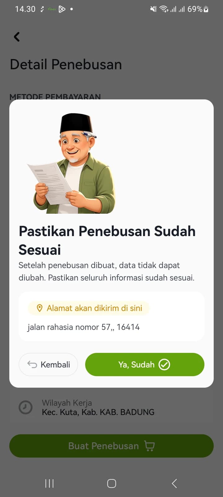 Kotak konfirmasi Pastikan Penebusan Sudah Sesuai beserta alamat tujuan pengiriman