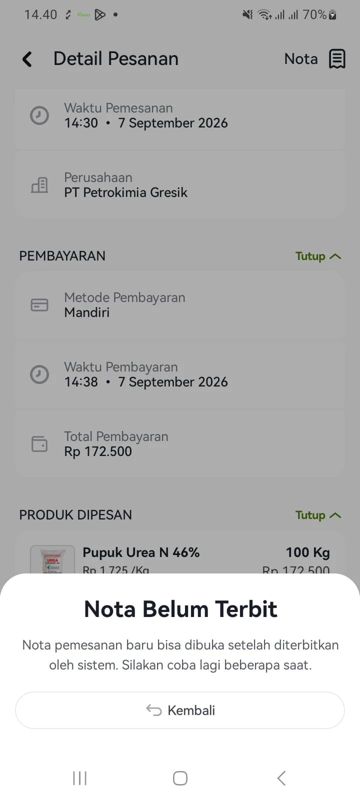 Panel keterangan Nota Belum Terbit ketika tombol Nota dibuka sebelum nota diterbitkan sistem