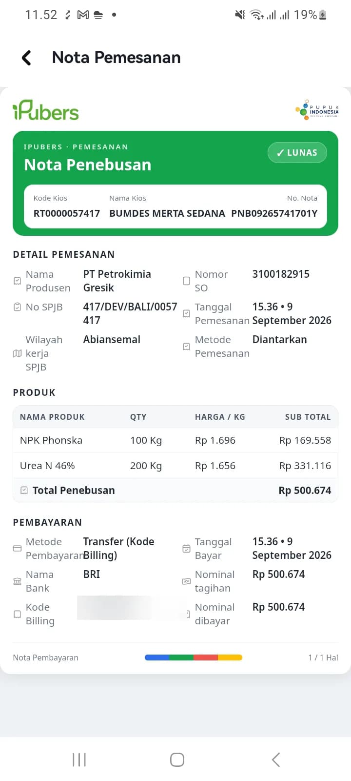 Nota Penebusan bertanda LUNAS berisi kode kios, nomor nota, detail pemesanan, tabel produk, dan rincian pembayaran