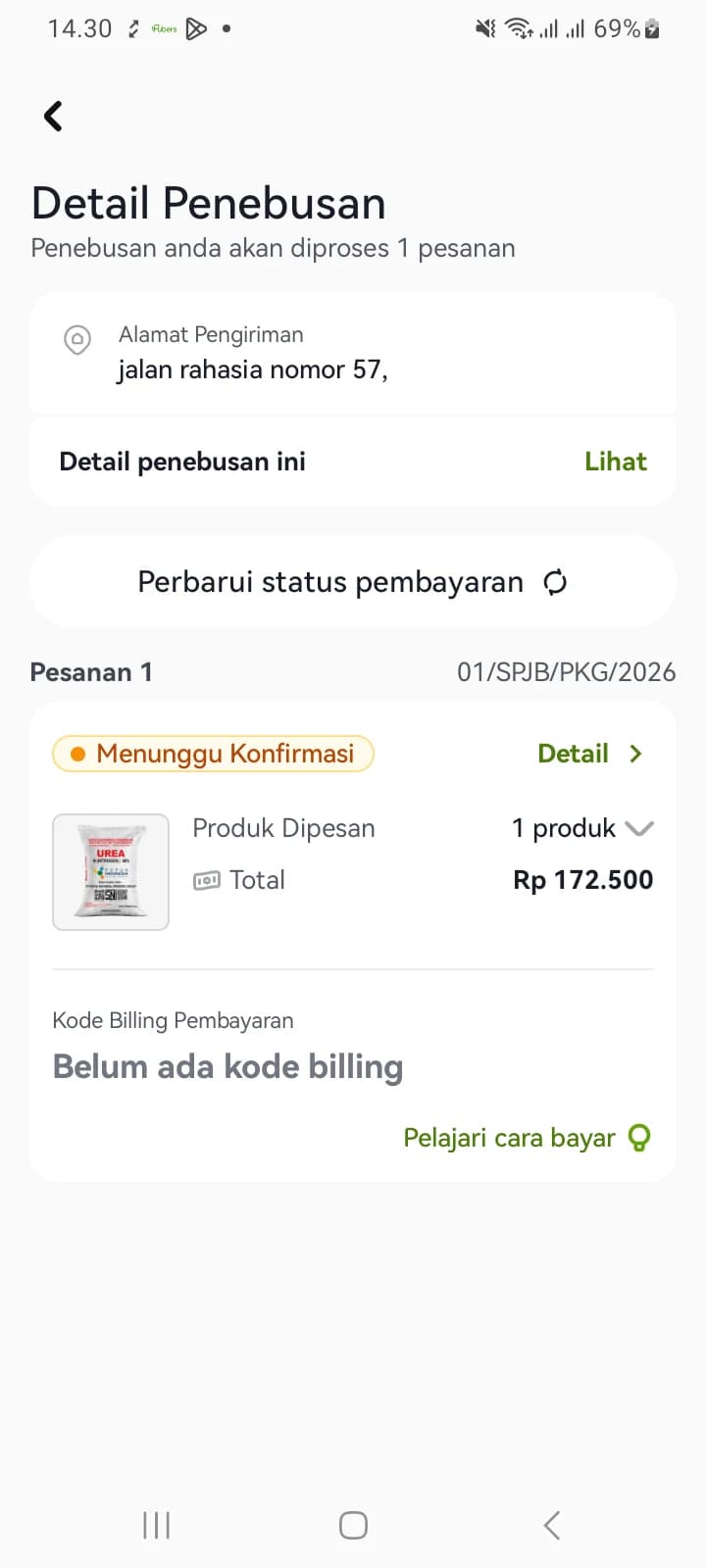 Layar setelah pesanan dibuat: status Menunggu Konfirmasi, total pembayaran, dan kode billing yang belum terbit