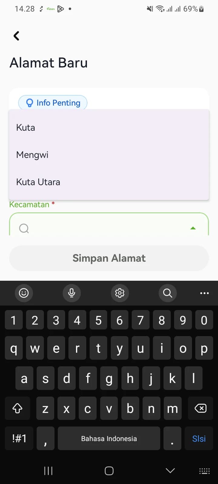 Daftar pilihan kecamatan pada formulir Alamat Baru, berisi wilayah kerja PPTS