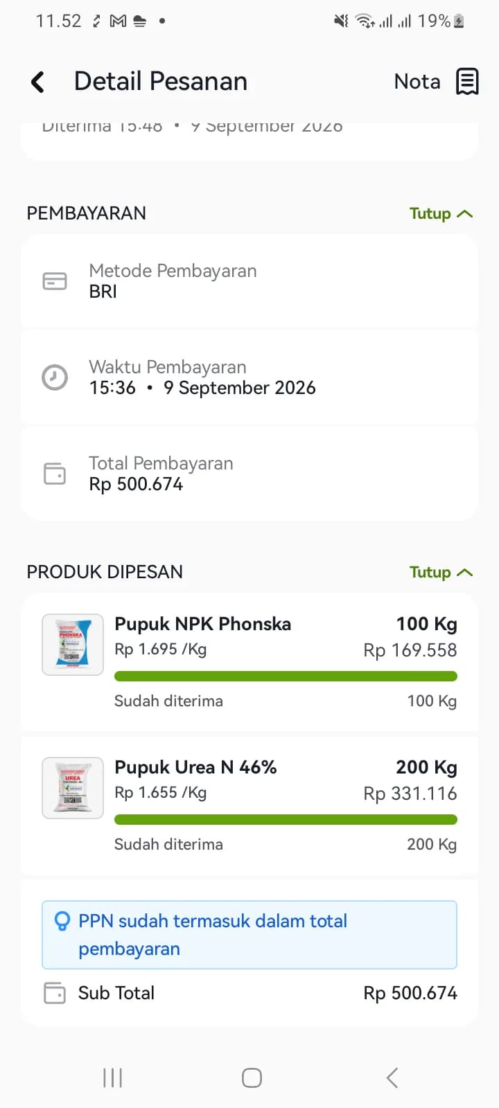 Bagian pembayaran dan produk dipesan pada pesanan selesai, tiap produk bertanda sudah diterima dengan batang kemajuan penuh