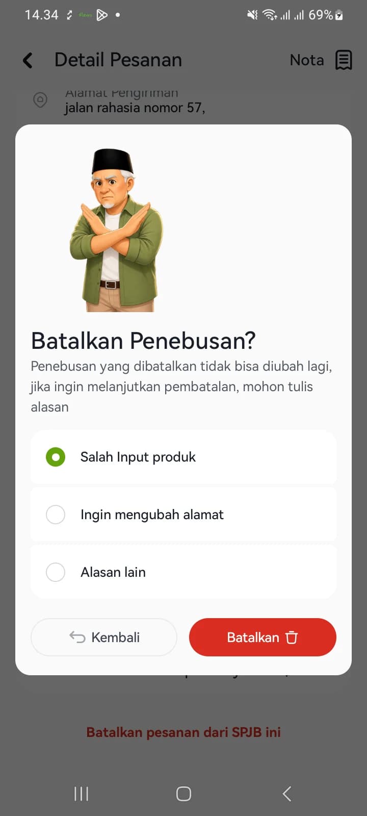 Kotak Batalkan Penebusan dengan tiga pilihan alasan pembatalan