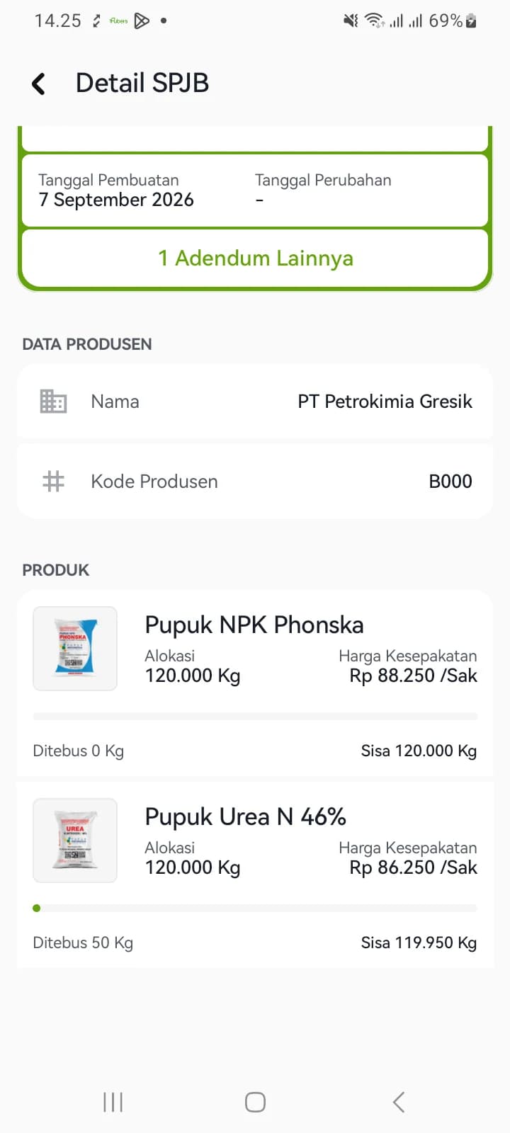 Bagian PRODUK pada detail SPJB dengan dua produk beserta alokasi, harga kesepakatan, jumlah ditebus, dan sisanya