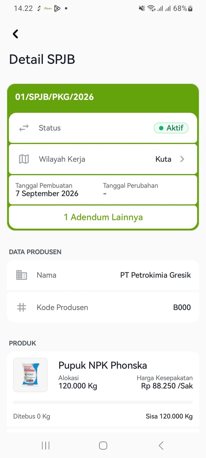 Detail SPJB berisi status, wilayah kerja, tanggal, data produsen, dan produk