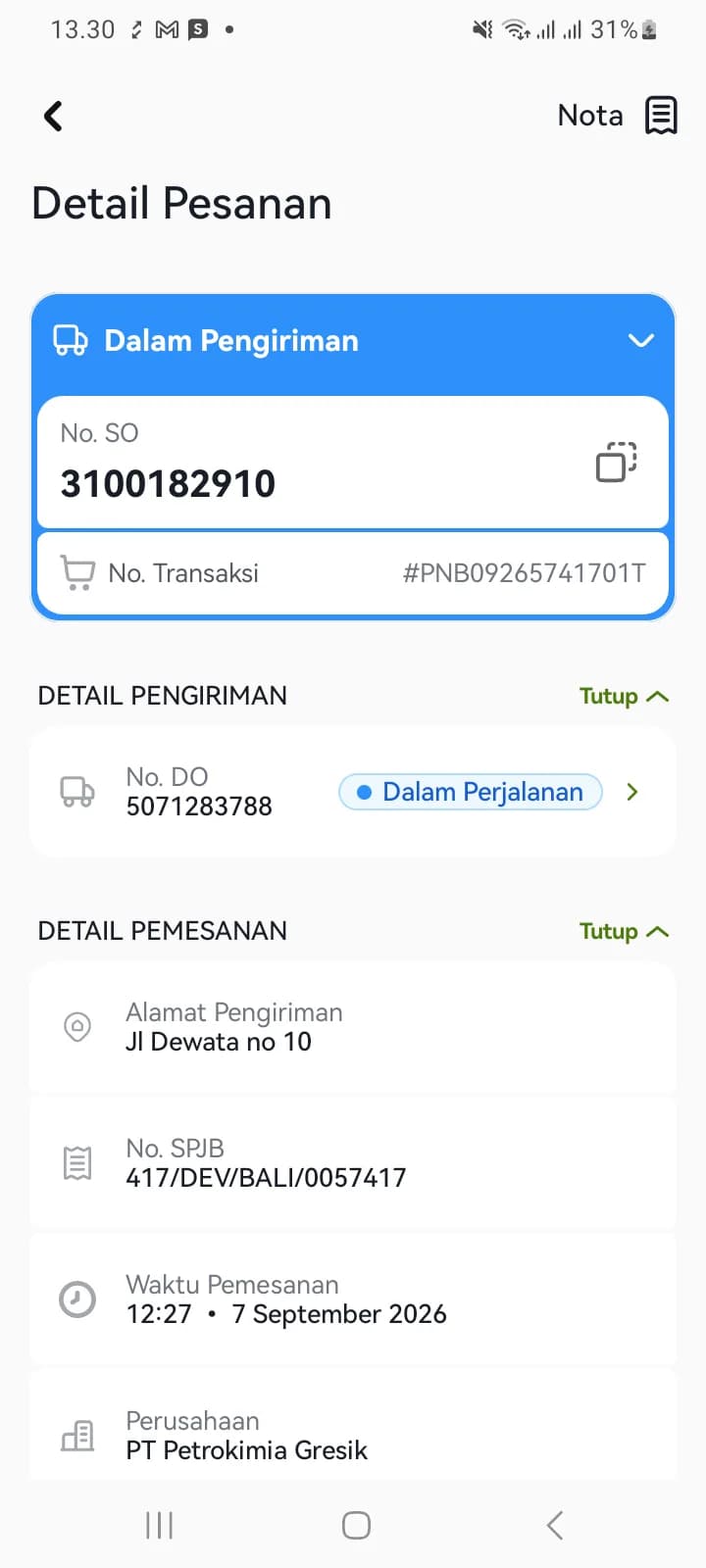 Detail Pesanan berstatus Dalam Pengiriman dengan baris No. DO dan keterangan Dalam Perjalanan