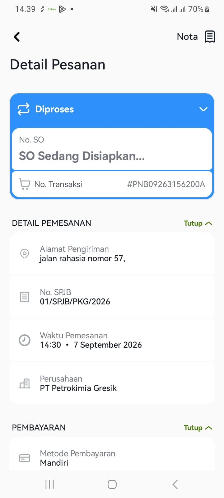 Detail Pesanan berstatus Diproses dengan keterangan SO Sedang Disiapkan dan nomor transaksi