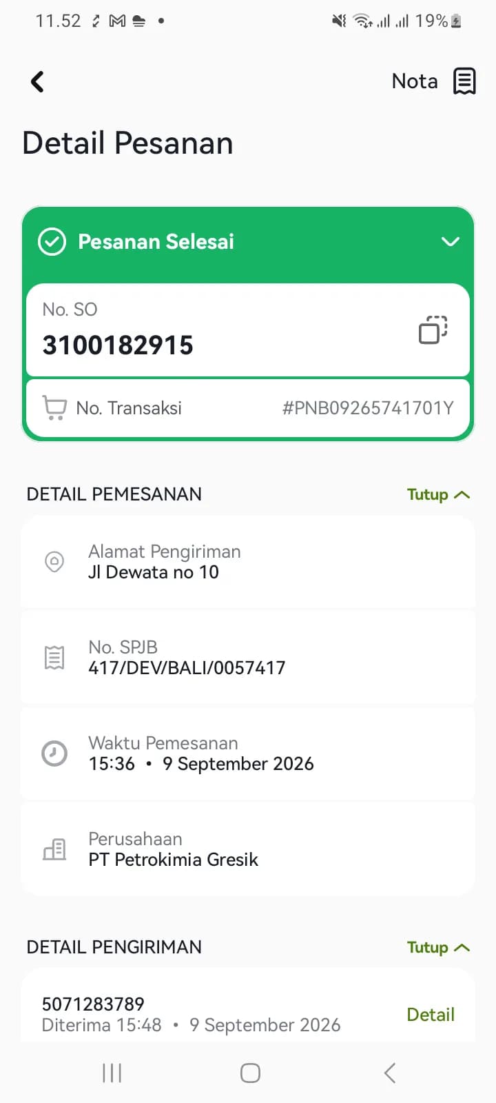 Detail Pesanan berstatus Pesanan Selesai dengan No. SO, No. Transaksi, detail pemesanan, dan detail pengiriman