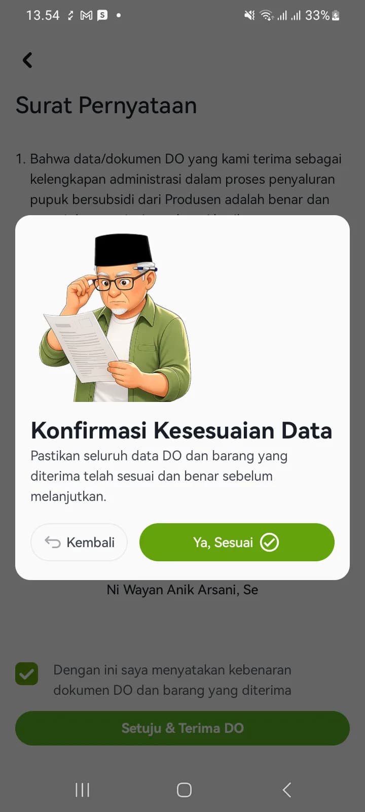 Dialog Konfirmasi Kesesuaian Data dengan tombol Kembali dan Ya Sesuai di atas layar surat pernyataan yang sudah dicentang