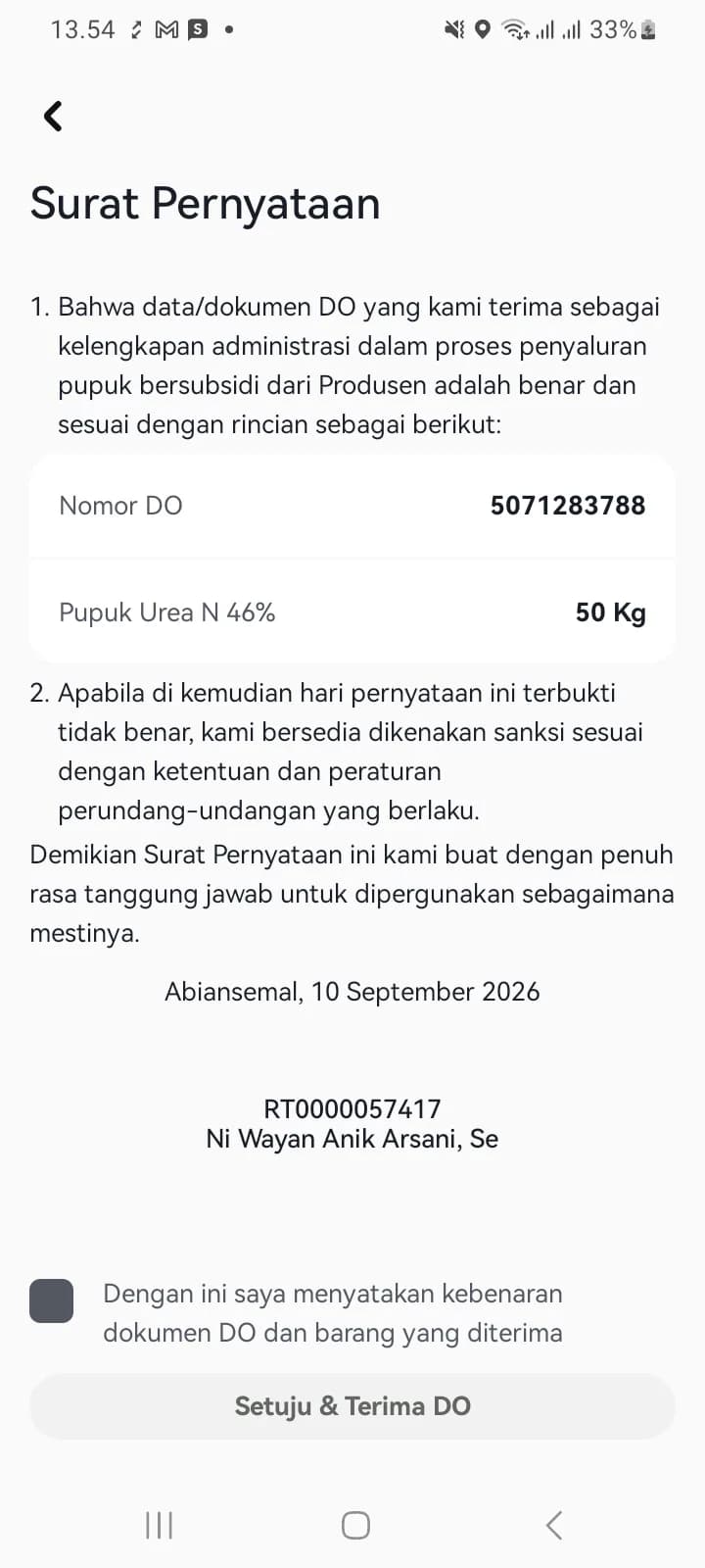 Layar Surat Pernyataan penerimaan DO dengan rincian nomor DO dan produk, kotak centang, serta tombol Setuju dan Terima DO yang masih nonaktif