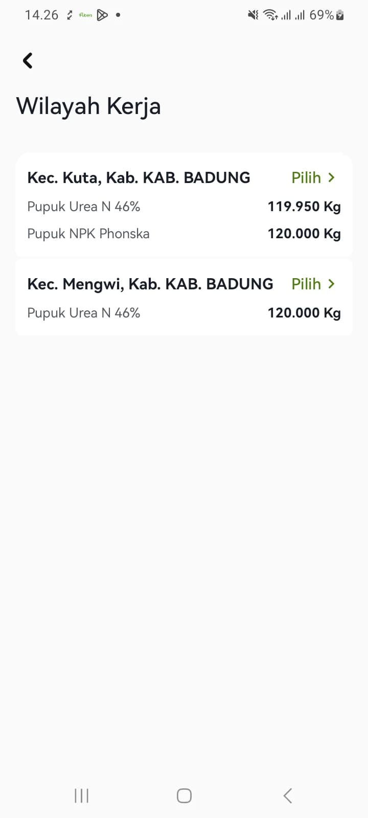 Layar Wilayah Kerja menampilkan dua kecamatan beserta produk dan sisa alokasi masing-masing