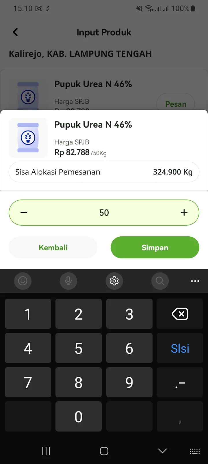 Lembar pengatur jumlah Urea terisi 50 setelah satu ketukan tombol tambah, dengan tombol Kembali dan Simpan