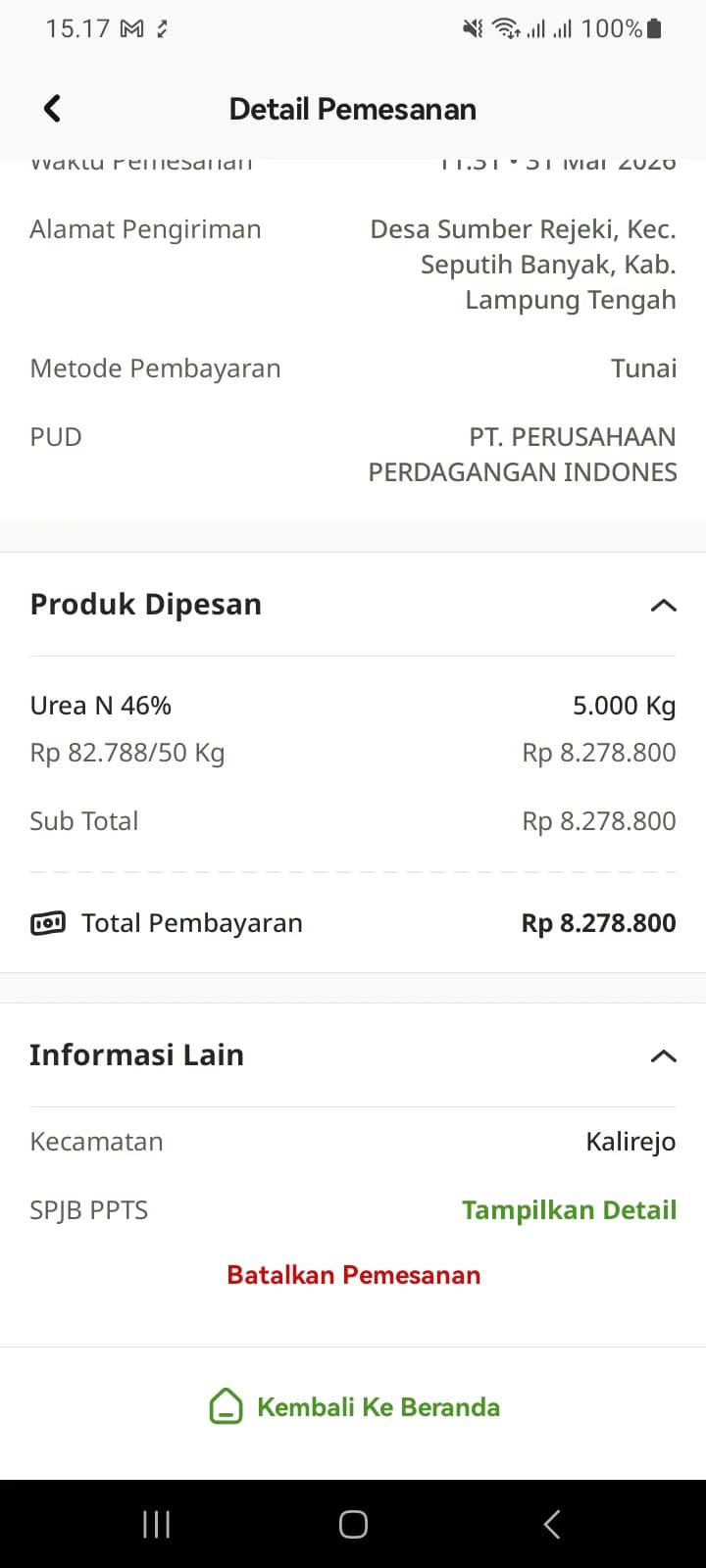 Bagian bawah detail pesanan Menunggu konfirmasi dengan tulisan merah Batalkan Pemesanan