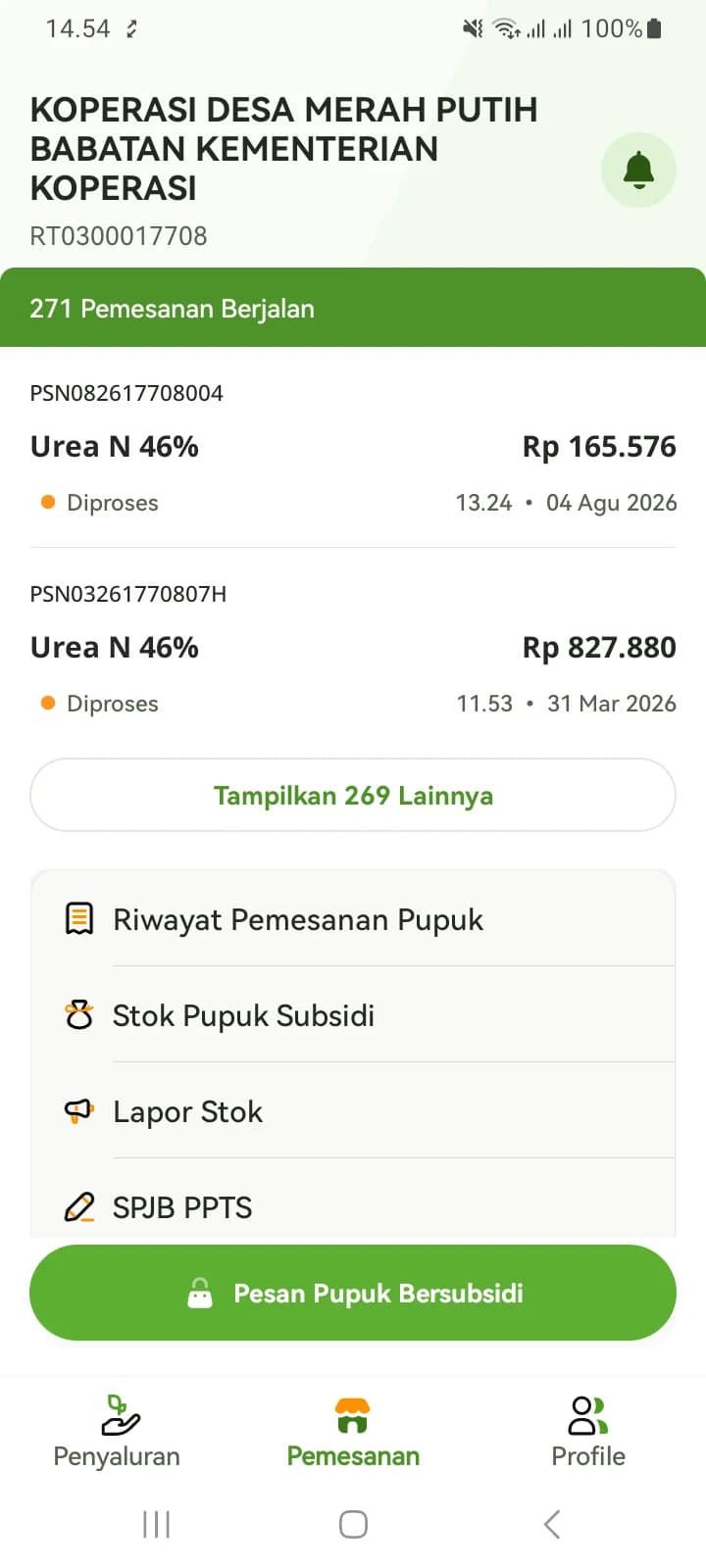 Tab Pemesanan akun PUD: jumlah pemesanan berjalan, dua pesanan terbaru berstatus Diproses, daftar menu, dan tombol Pesan Pupuk Bersubsidi