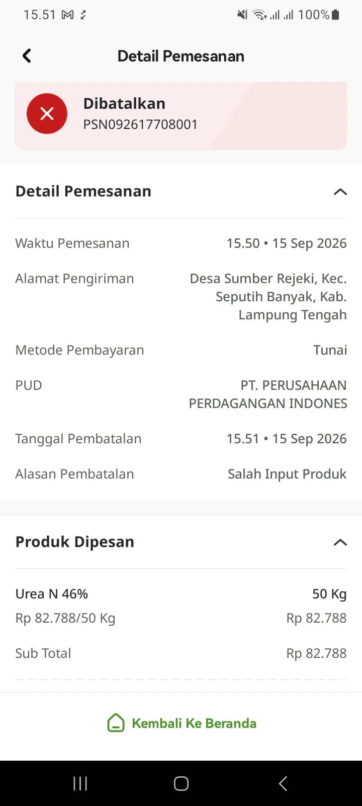 Detail pesanan berstatus Dibatalkan dengan tanggal dan alasan pembatalan Salah Input Produk