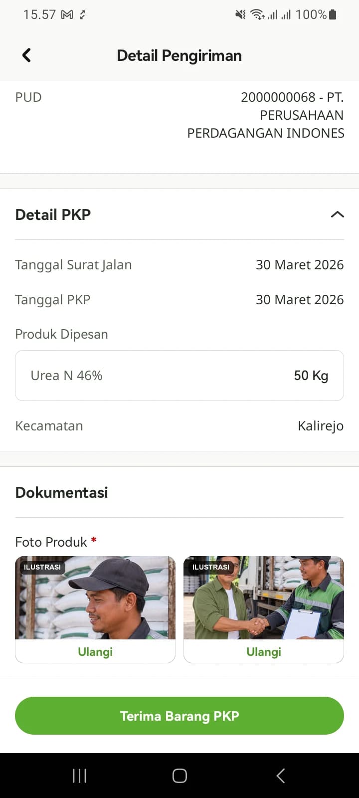 Dua Foto Produk sudah terisi dengan tombol Ulangi, dan tombol Terima Barang PKP aktif