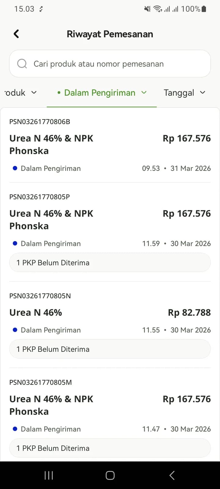 Riwayat tersaring Dalam Pengiriman; beberapa pesanan bertanda 1 PKP Belum Diterima