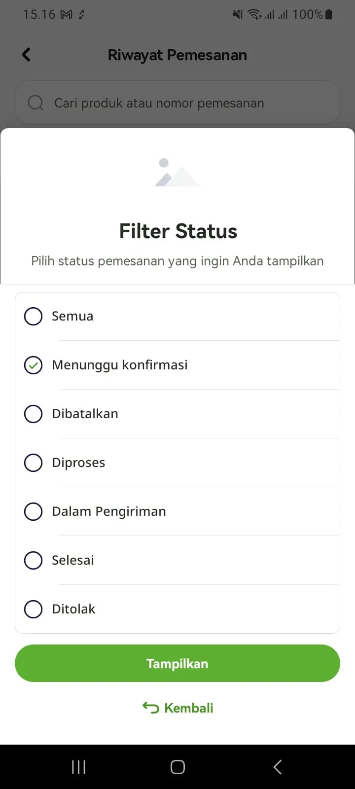 Lembar Filter Status dengan enam status; hanya Menunggu konfirmasi yang tercentang