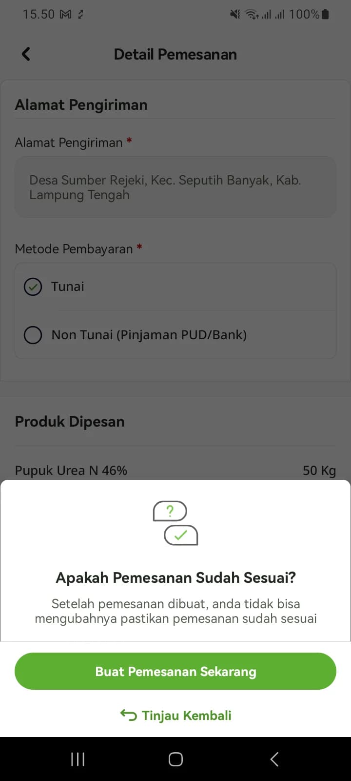 Lembar konfirmasi Apakah Pemesanan Sudah Sesuai? dengan tombol Buat Pemesanan Sekarang dan Tinjau Kembali