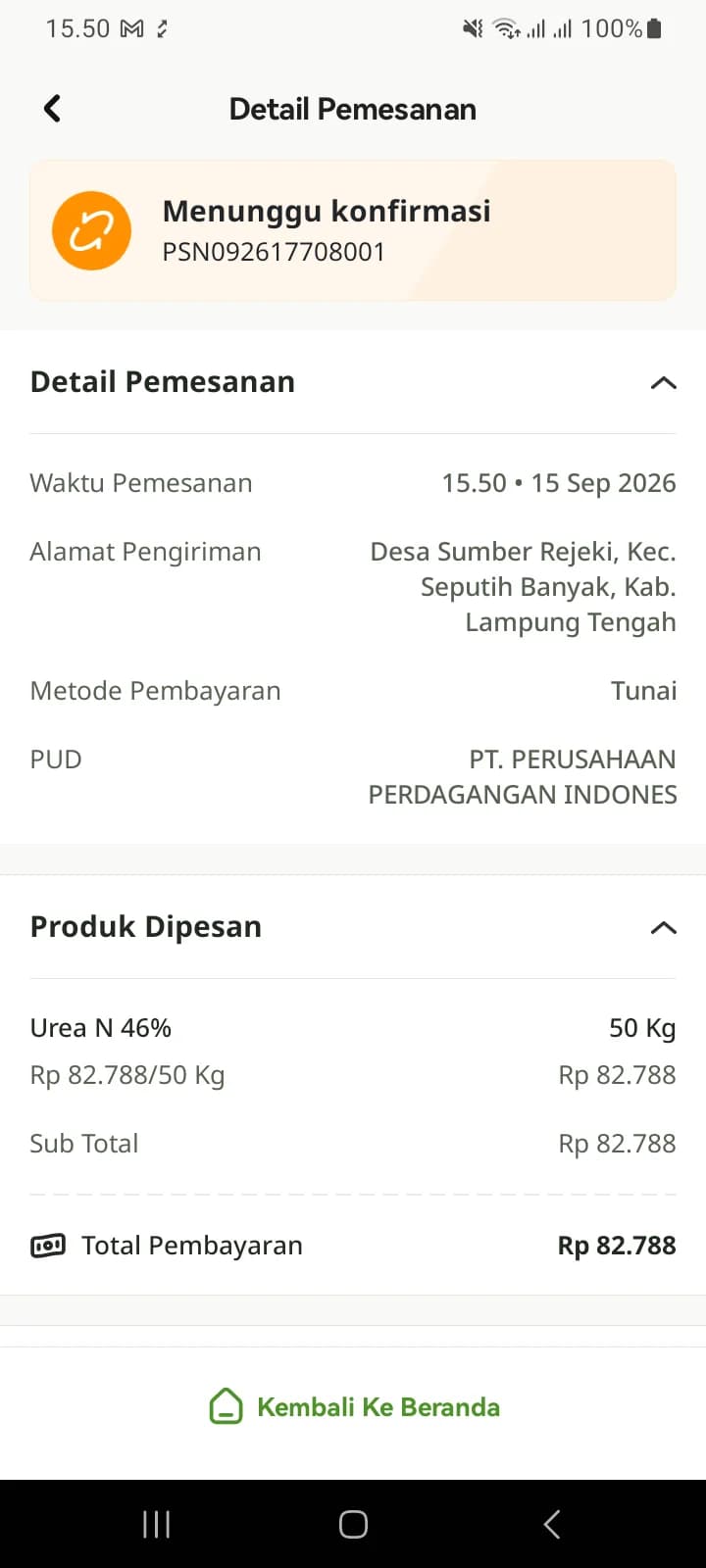 Detail Pemesanan pesanan baru berstatus Menunggu konfirmasi, Urea 50 Kg, metode pembayaran Tunai
