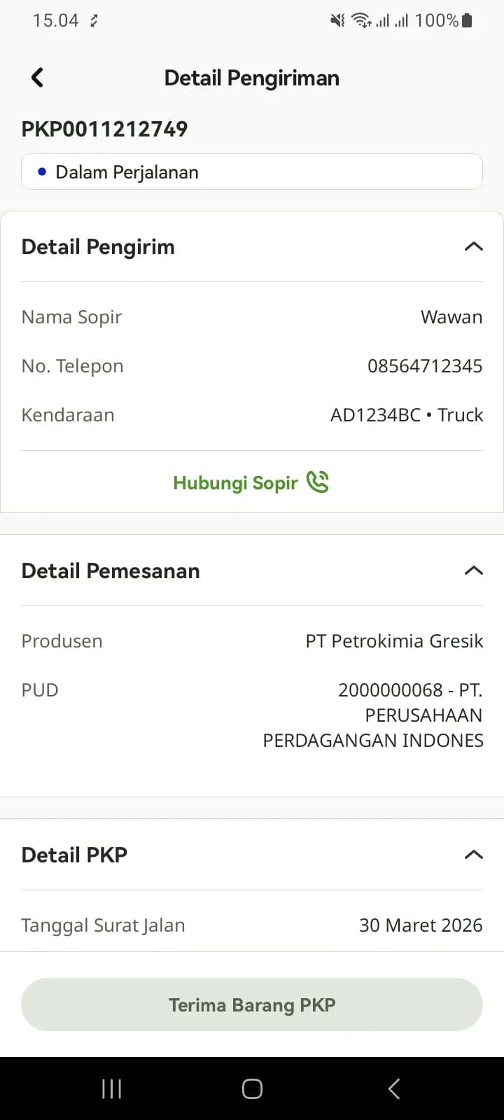 Detail Pengiriman PKP berstatus Dalam Perjalanan: data sopir, tombol Hubungi Sopir, produsen, PUD, dan tombol Terima Barang PKP