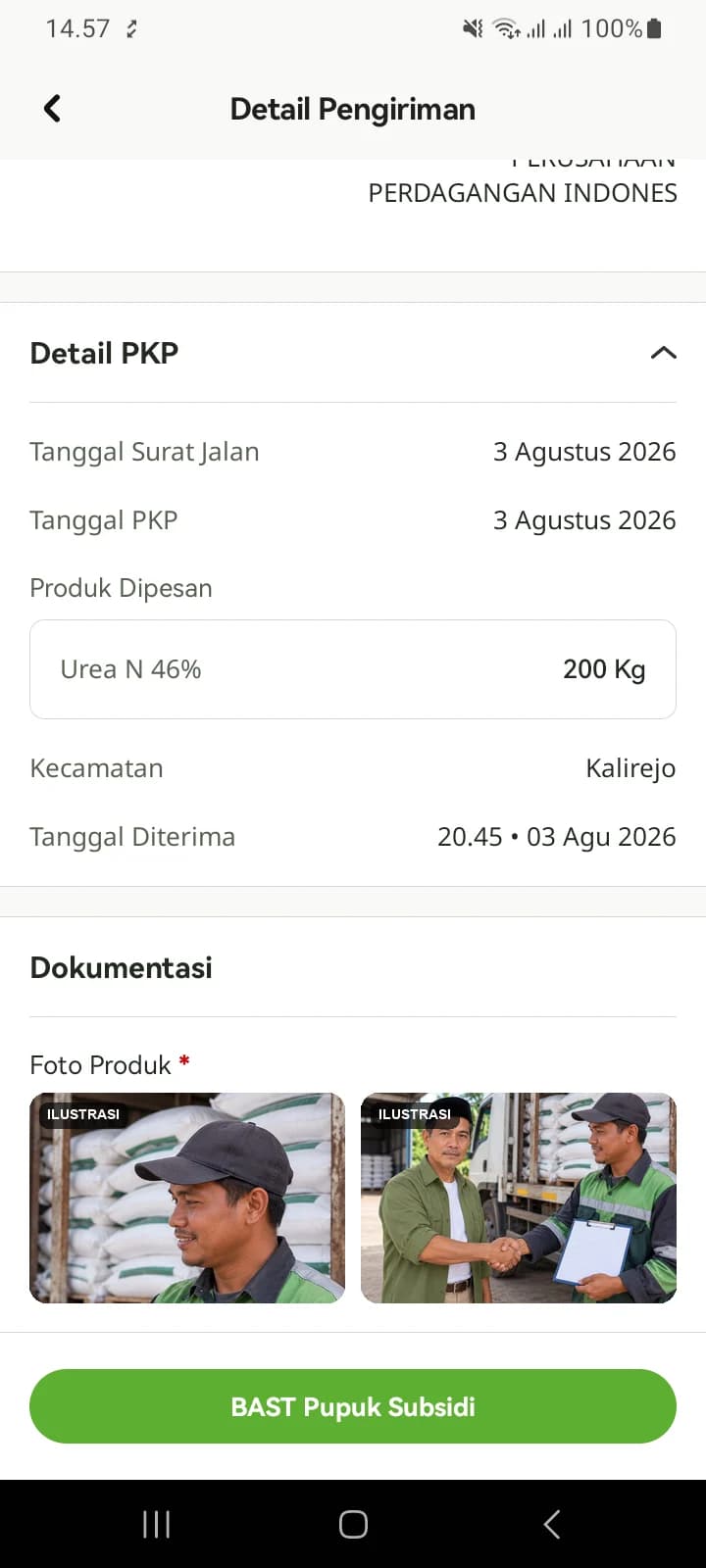 Detail PKP yang sudah diterima: tanggal surat jalan, tanggal PKP, produk, tanggal diterima, dan dua foto produk