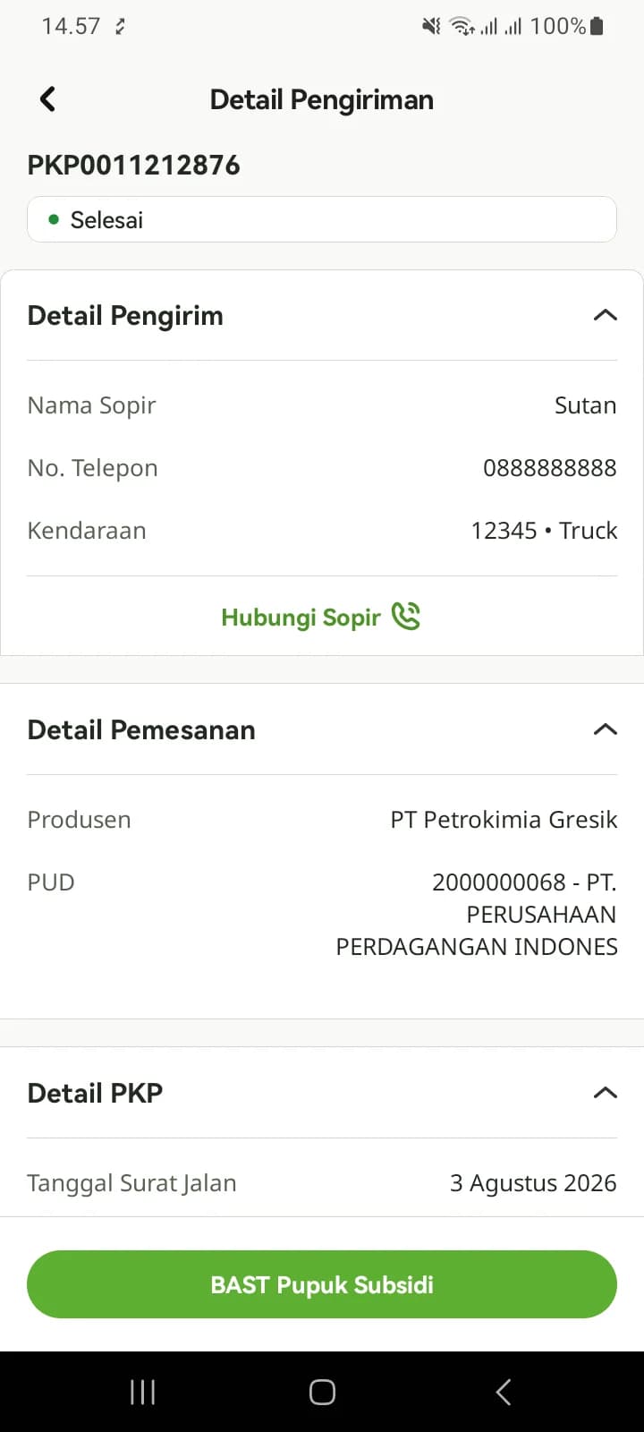Detail Pengiriman PKP berstatus Selesai dengan tombol BAST Pupuk Subsidi