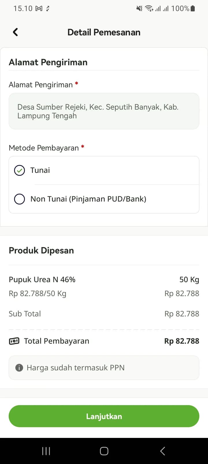 Layar Detail Pemesanan: alamat pengiriman, pilihan metode pembayaran Tunai atau Non Tunai, produk, total, dan tombol Lanjutkan