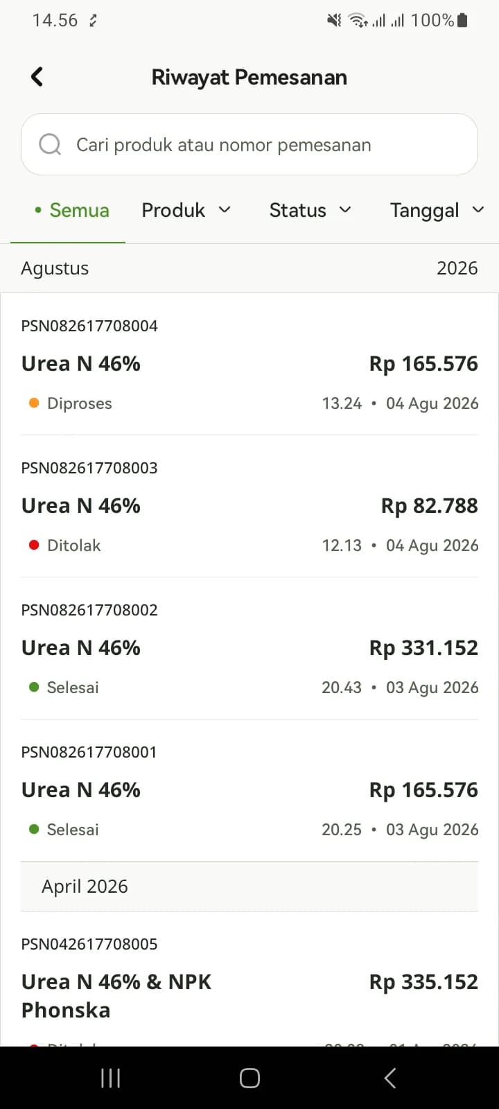 Riwayat Pemesanan dengan tab Semua, Produk, Status, dan Tanggal, berisi pesanan berstatus Diproses, Ditolak, dan Selesai
