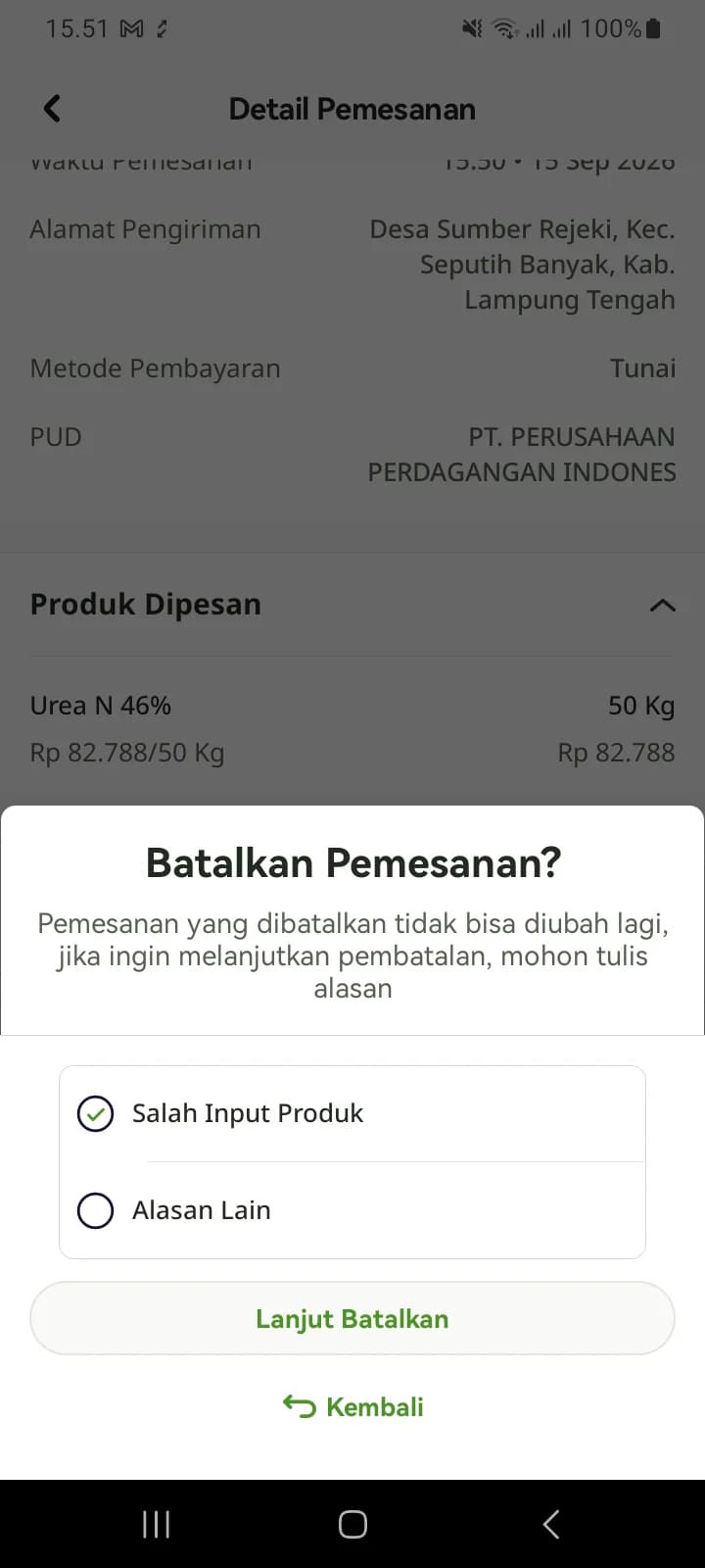 Lembar Batalkan Pemesanan? dengan pilihan alasan Salah Input Produk dan Alasan Lain, tombol Lanjut Batalkan dan Kembali