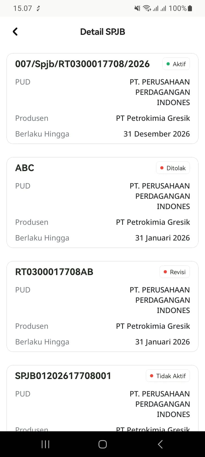 Daftar SPJB: satu SPJB Aktif dan beberapa berstatus Ditolak, Revisi, dan Tidak Aktif, masing-masing dengan PUD, produsen, dan batas berlaku