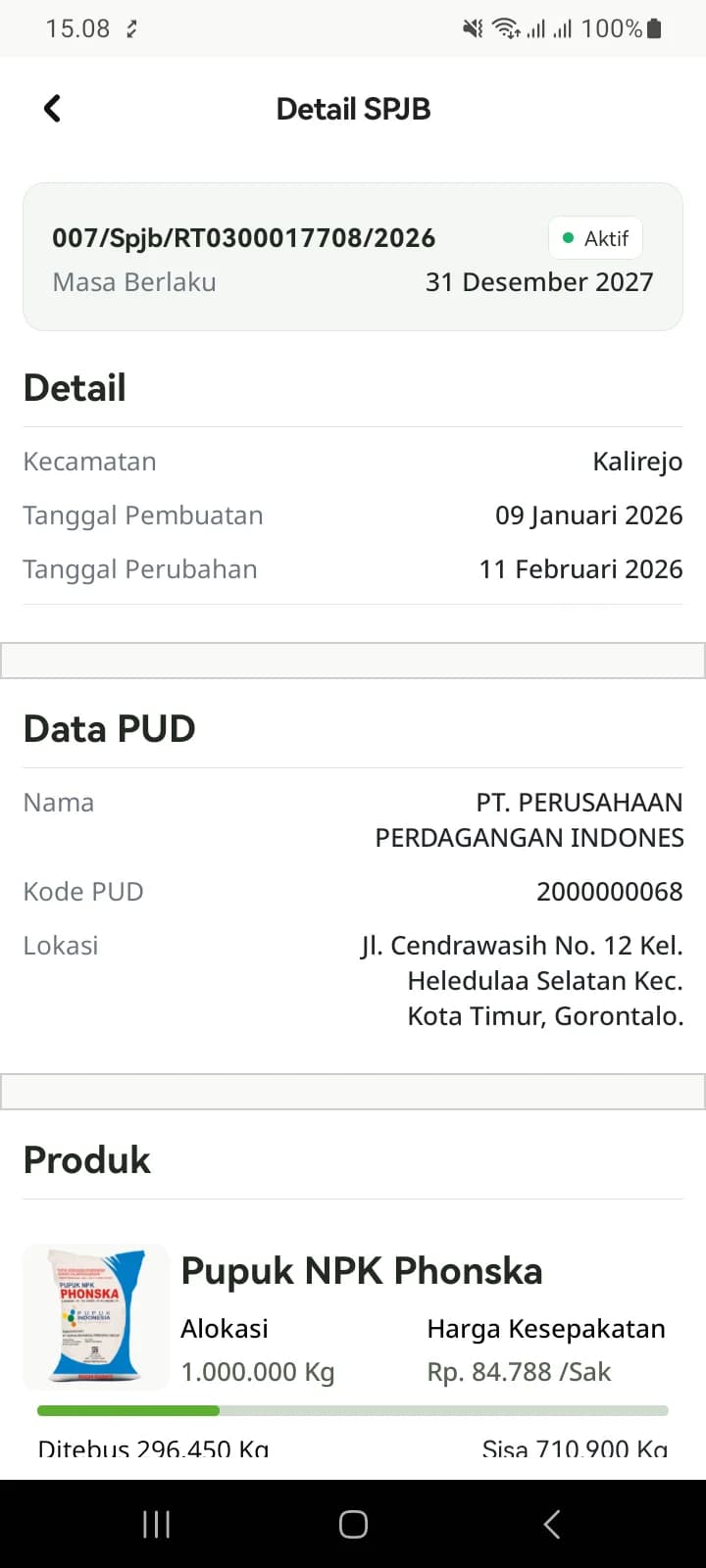 Detail SPJB Aktif: masa berlaku, kecamatan, tanggal pembuatan dan perubahan, serta Data PUD