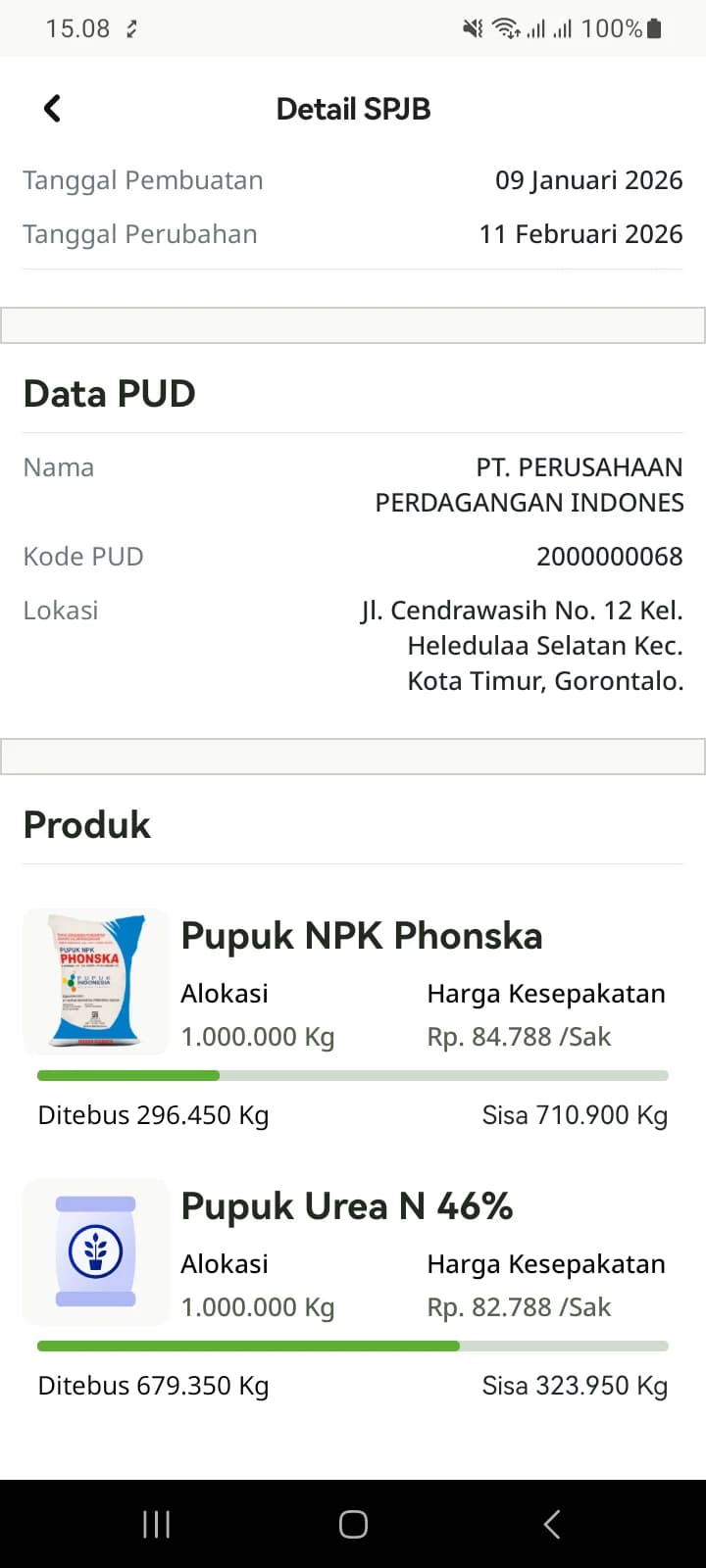 Bagian Produk pada detail SPJB: NPK Phonska dan Urea dengan alokasi, harga kesepakatan per sak, jumlah ditebus, dan sisa