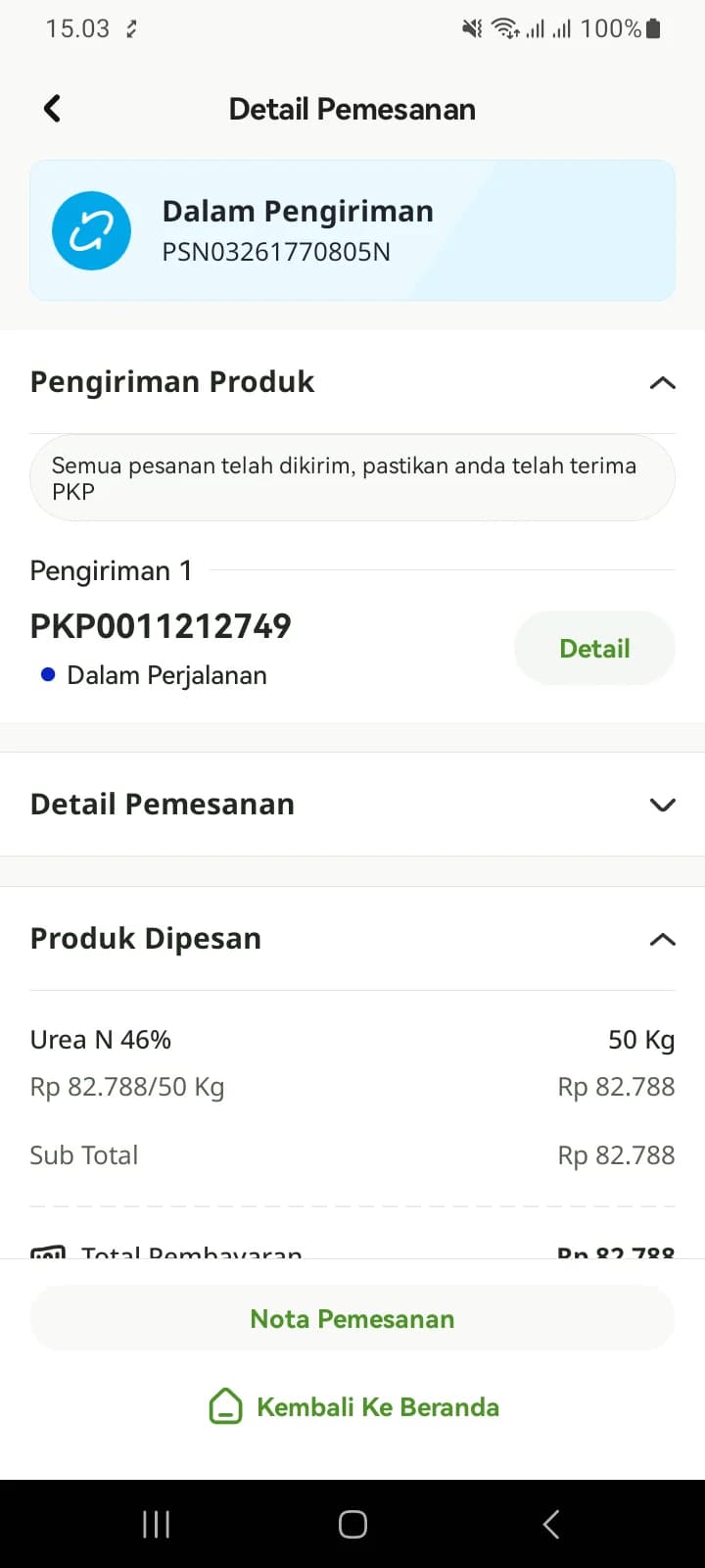 Detail pesanan Dalam Pengiriman dengan bagian Pengiriman Produk berisi satu PKP berstatus Dalam Perjalanan