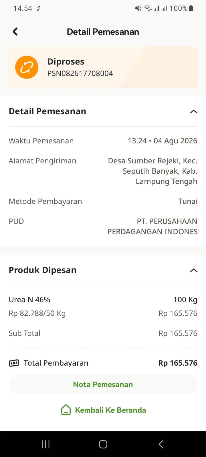 Detail pesanan berstatus Diproses dengan tombol Nota Pemesanan